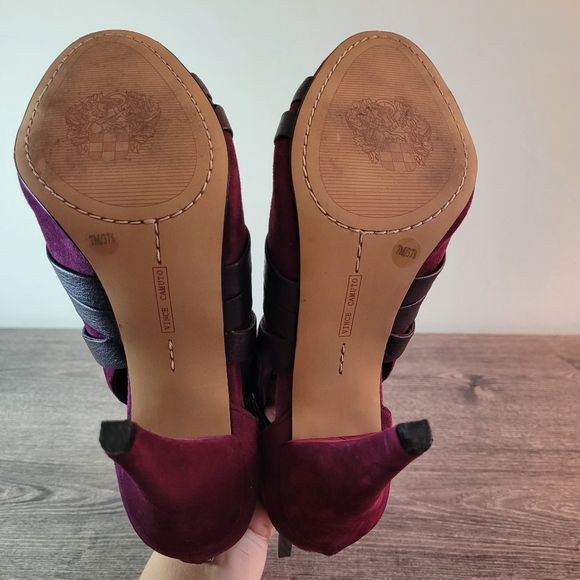 Vince Camuto design quality leather suede burgundy red sz 7 open toe bootie heel - Picture 6 of 8